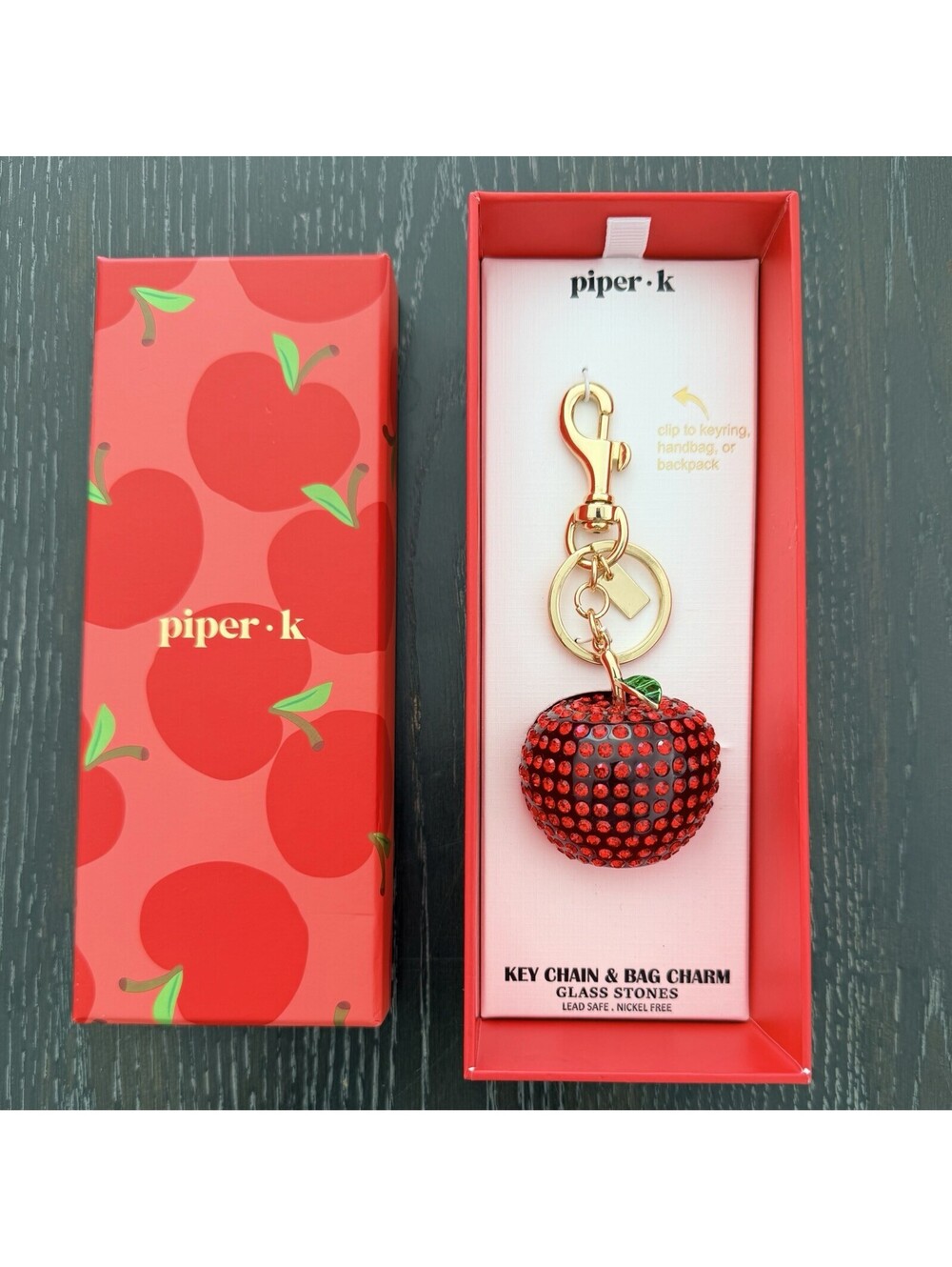 Piper K Bedazzled Teachers Gold Red Glass Stoned Apple Key Chain Bag Charm NIB